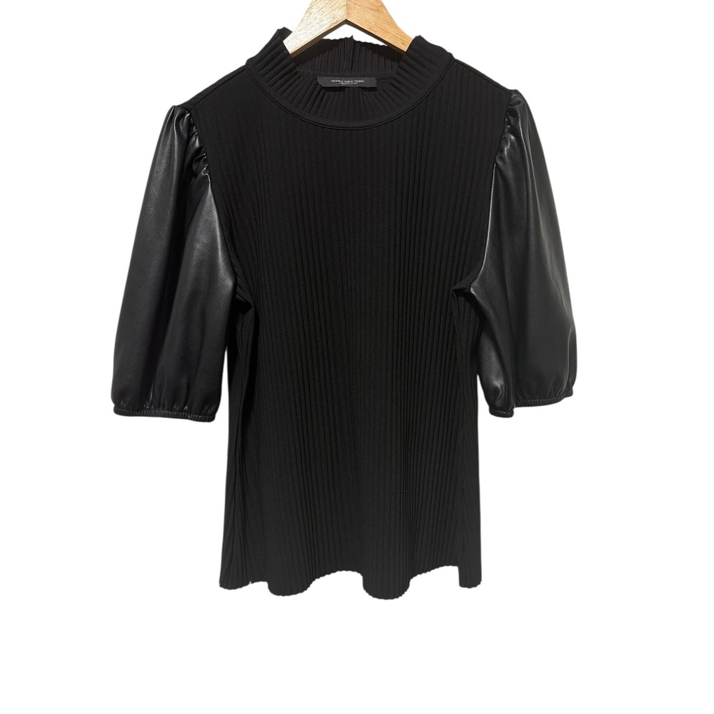 Marc New York Andrew Marc Black Ribbed Mock Neck Faux Leather Puff Sleeve‎ Top L